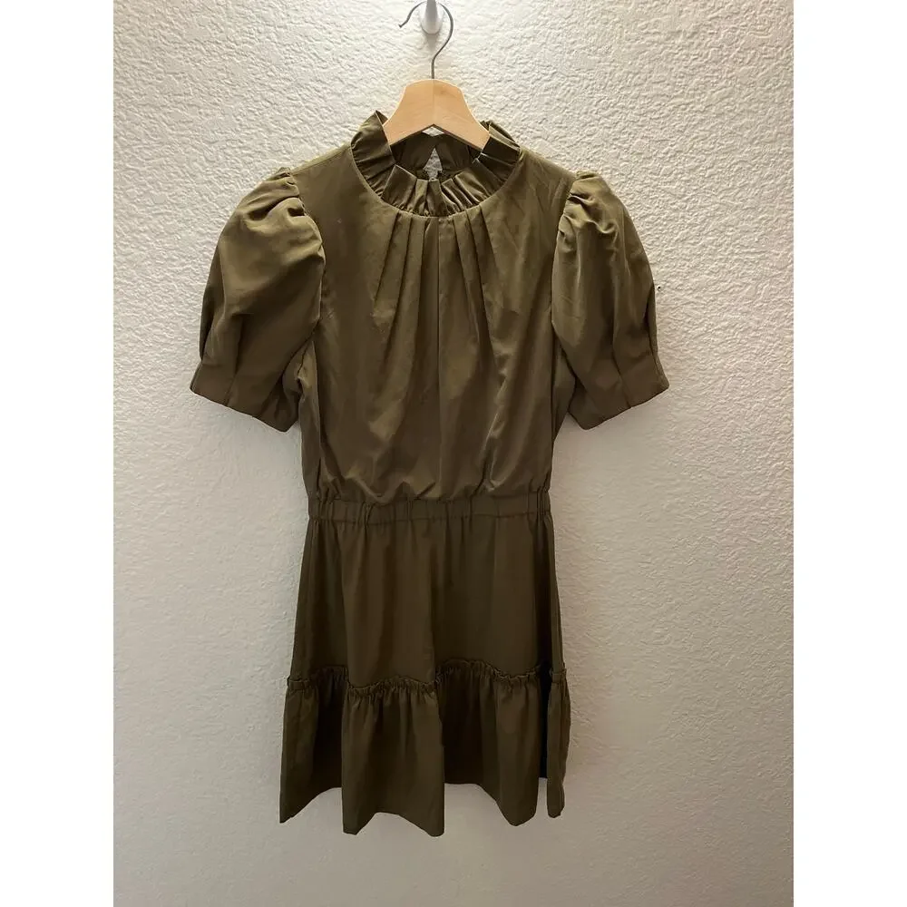 Alice + Olivia Vida Olive Green Puff Sleeve Mock Neck Mini Dress Sz 0 Romantic - Picture 4 of 9
